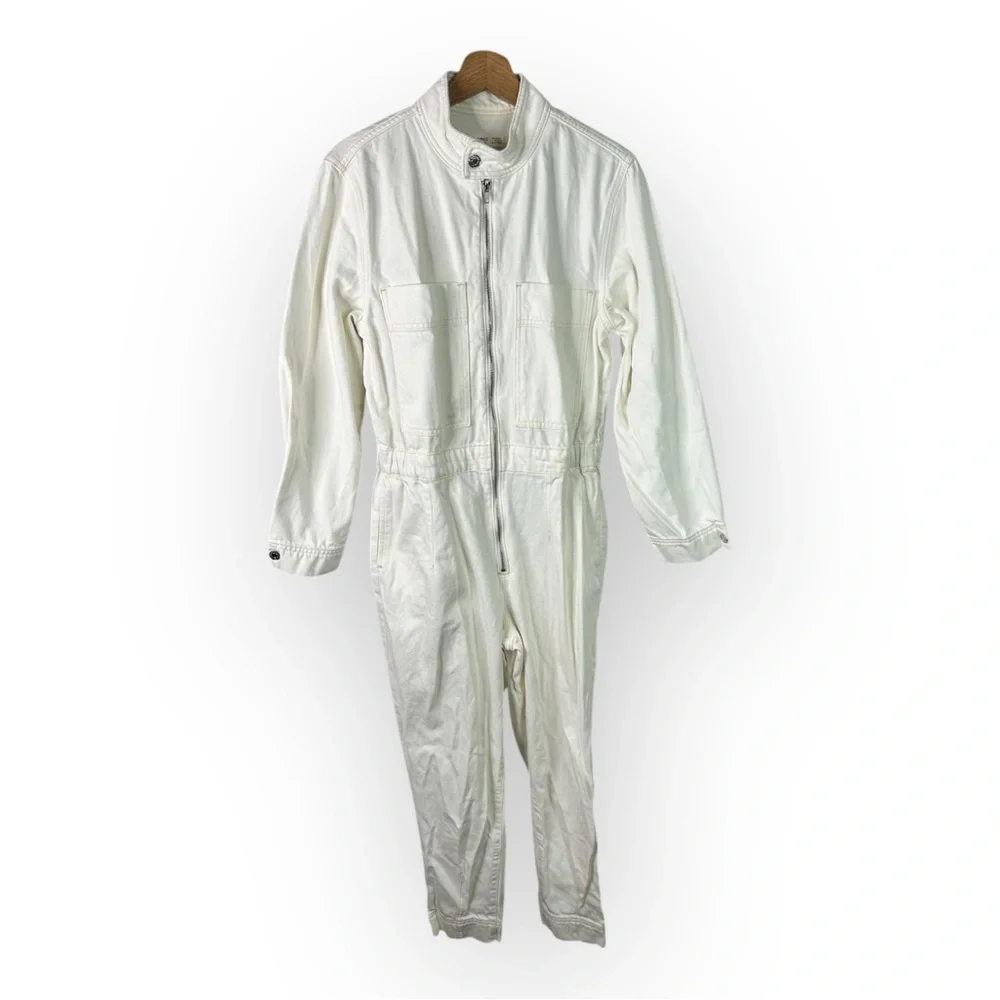Mango size Large Long Sleeve Off White Utility Denim Jumpsuit Boilersuit - Picture 4 of 12